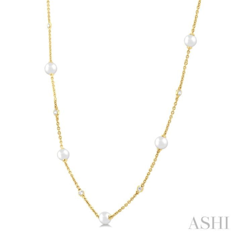 4 MM Round Shape Cultured Pearl and 1/6 Ctw Round Cut Diamond Station Necklace in 14K Yellow Gold 4 MM Round Shape Cultured Pearl and 1/6 Ctw Round Cut Diamond Station Necklace in 14K Yellow Gold