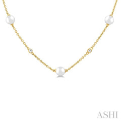 4 MM Round Shape Cultured Pearl and 1/6 Ctw Round Cut Diamond Station Necklace in 14K Yellow Gold 4 MM Round Shape Cultured Pearl and 1/6 Ctw Round Cut Diamond Station Necklace in 14K Yellow Gold