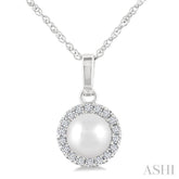 5 MM Cultured White Pearl and 1/20 Ctw Single Cut Diamond Halo Pendant With Chain in 10K White Gold