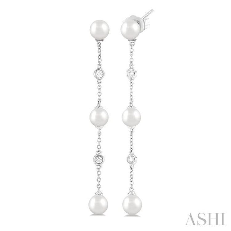 5 MM Round Shape Cultured Pearl and 1/10 Ctw Round Cut Diamond Station Long Earring in 14K White Gold 5 MM Round Shape Cultured Pearl and 1/10 Ctw Round Cut Diamond Station Long Earring in 14K White Gold