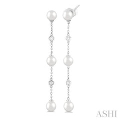 5 MM Round Shape Cultured Pearl and 1/10 Ctw Round Cut Diamond Station Long Earring in 14K White Gold 5 MM Round Shape Cultured Pearl and 1/10 Ctw Round Cut Diamond Station Long Earring in 14K White Gold