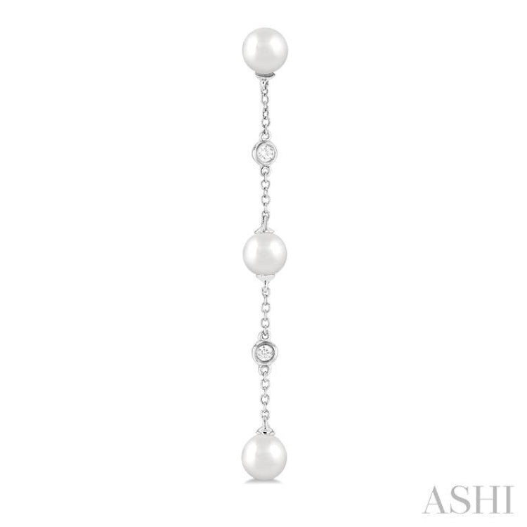 5 MM Round Shape Cultured Pearl and 1/10 Ctw Round Cut Diamond Station Long Earring in 14K White Gold 5 MM Round Shape Cultured Pearl and 1/10 Ctw Round Cut Diamond Station Long Earring in 14K White Gold