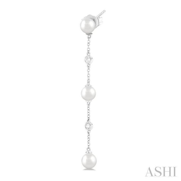 5 MM Round Shape Cultured Pearl and 1/10 Ctw Round Cut Diamond Station Long Earring in 14K White Gold 5 MM Round Shape Cultured Pearl and 1/10 Ctw Round Cut Diamond Station Long Earring in 14K White Gold
