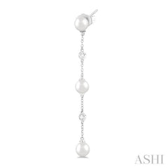 5 MM Round Shape Cultured Pearl and 1/10 Ctw Round Cut Diamond Station Long Earring in 14K White Gold 5 MM Round Shape Cultured Pearl and 1/10 Ctw Round Cut Diamond Station Long Earring in 14K White Gold