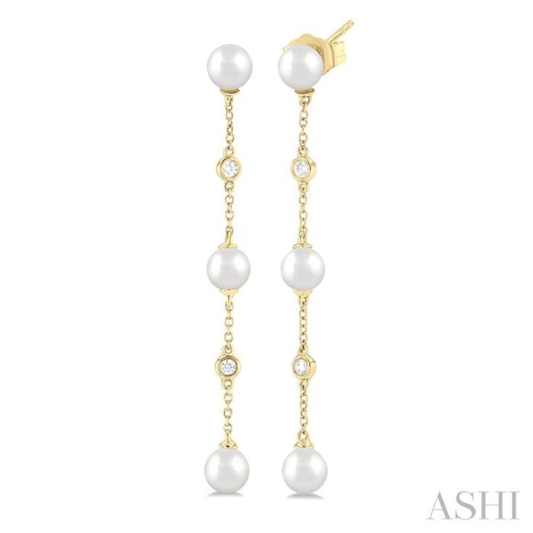 5 MM Round Shape Cultured Pearls and 1/10 Ctw Round Cut Diamond Station Long Earring in 14K Yellow Gold 5 MM Round Shape Cultured Pearls and 1/10 Ctw Round Cut Diamond Station Long Earring in 14K Yellow Gold