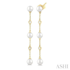 5 MM Round Shape Cultured Pearls and 1/10 Ctw Round Cut Diamond Station Long Earring in 14K Yellow Gold 5 MM Round Shape Cultured Pearls and 1/10 Ctw Round Cut Diamond Station Long Earring in 14K Yellow Gold