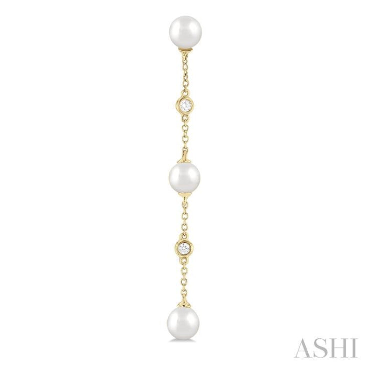 5 MM Round Shape Cultured Pearls and 1/10 Ctw Round Cut Diamond Station Long Earring in 14K Yellow Gold 5 MM Round Shape Cultured Pearls and 1/10 Ctw Round Cut Diamond Station Long Earring in 14K Yellow Gold