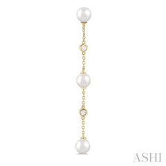 5 MM Round Shape Cultured Pearls and 1/10 Ctw Round Cut Diamond Station Long Earring in 14K Yellow Gold 5 MM Round Shape Cultured Pearls and 1/10 Ctw Round Cut Diamond Station Long Earring in 14K Yellow Gold