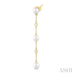 5 MM Round Shape Cultured Pearls and 1/10 Ctw Round Cut Diamond Station Long Earring in 14K Yellow Gold 5 MM Round Shape Cultured Pearls and 1/10 Ctw Round Cut Diamond Station Long Earring in 14K Yellow Gold