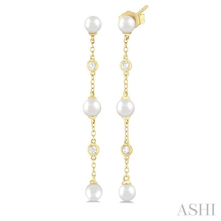 1/20 Ctw Cultured Pearls 4MM and Round Cut Diamond Station Long Earring in 14K Yellow Gold 1/20 Ctw Cultured Pearls 4MM and Round Cut Diamond Station Long Earring in 14K Yellow Gold