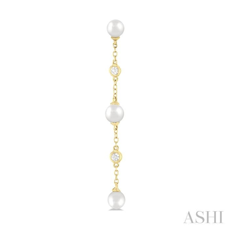 1/20 Ctw Cultured Pearls 4MM and Round Cut Diamond Station Long Earring in 14K Yellow Gold 1/20 Ctw Cultured Pearls 4MM and Round Cut Diamond Station Long Earring in 14K Yellow Gold