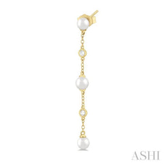 1/20 Ctw Cultured Pearls 4MM and Round Cut Diamond Station Long Earring in 14K Yellow Gold 1/20 Ctw Cultured Pearls 4MM and Round Cut Diamond Station Long Earring in 14K Yellow Gold
