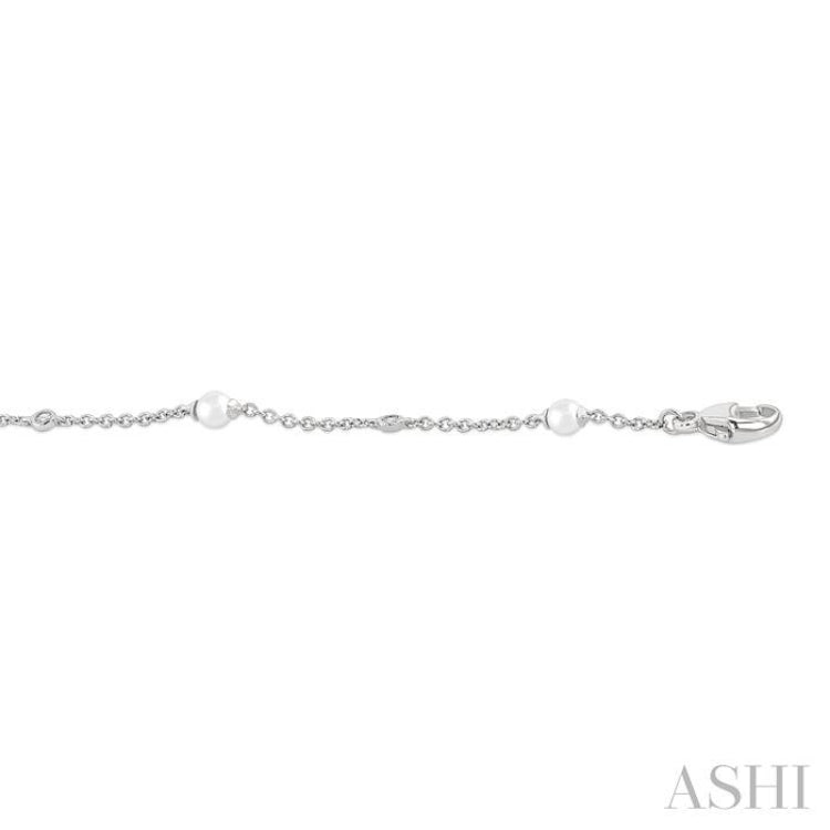 3 MM Round Shape Cultured Pearl and 1/20 Ctw Round Cut Diamond Fashion Station Bracelet in 14K White Gold 3 MM Round Shape Cultured Pearl and 1/20 Ctw Round Cut Diamond Fashion Station Bracelet in 14K White Gold