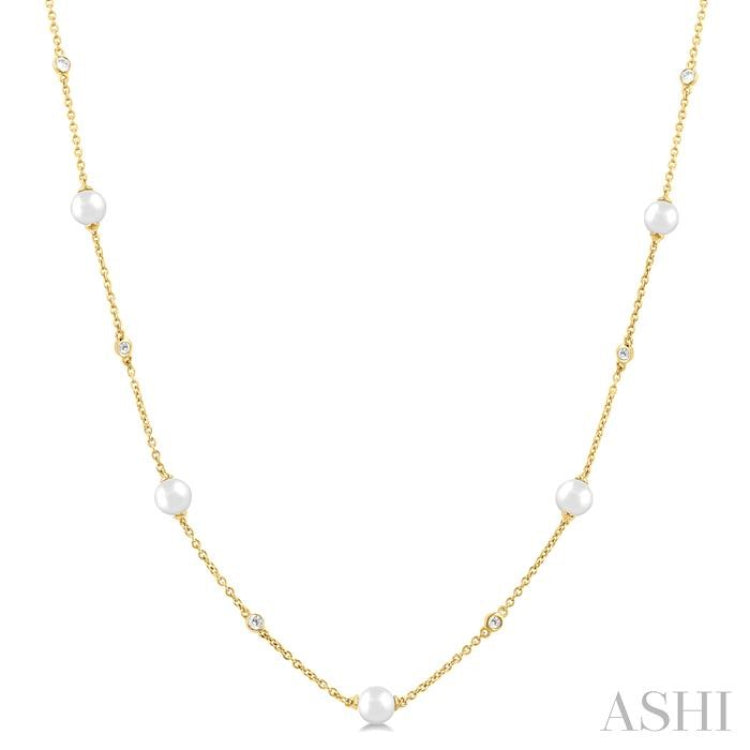 3 MM Round Shape Cultured Pearl and 1/8 Ctw Round Cut Diamond Station Necklace in 14K Yellow Gold 3 MM Round Shape Cultured Pearl and 1/8 Ctw Round Cut Diamond Station Necklace in 14K Yellow Gold
