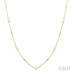 3 MM Round Shape Cultured Pearl and 1/8 Ctw Round Cut Diamond Station Necklace in 14K Yellow Gold 3 MM Round Shape Cultured Pearl and 1/8 Ctw Round Cut Diamond Station Necklace in 14K Yellow Gold