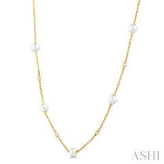 3 MM Round Shape Cultured Pearl and 1/8 Ctw Round Cut Diamond Station Necklace in 14K Yellow Gold 3 MM Round Shape Cultured Pearl and 1/8 Ctw Round Cut Diamond Station Necklace in 14K Yellow Gold