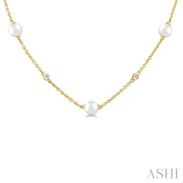 3 MM Round Shape Cultured Pearl and 1/8 Ctw Round Cut Diamond Station Necklace in 14K Yellow Gold 3 MM Round Shape Cultured Pearl and 1/8 Ctw Round Cut Diamond Station Necklace in 14K Yellow Gold