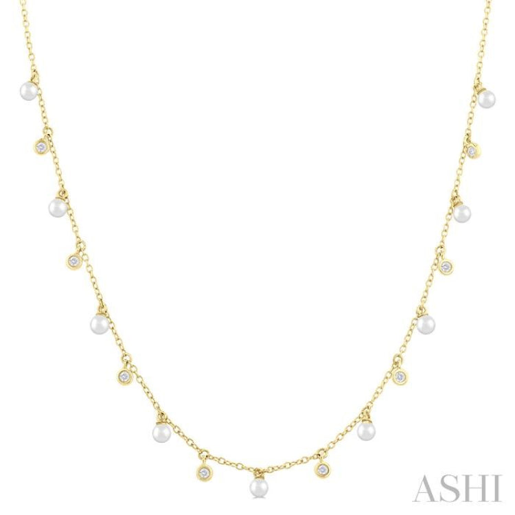 3 MM Round Shape Cultured Pearl and 1/6 Ctw Round Cut Diamond Station Necklace in 14K Yellow Gold 3 MM Round Shape Cultured Pearl and 1/6 Ctw Round Cut Diamond Station Necklace in 14K Yellow Gold