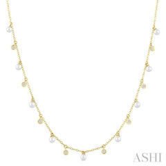 3 MM Round Shape Cultured Pearl and 1/6 Ctw Round Cut Diamond Station Necklace in 14K Yellow Gold 3 MM Round Shape Cultured Pearl and 1/6 Ctw Round Cut Diamond Station Necklace in 14K Yellow Gold