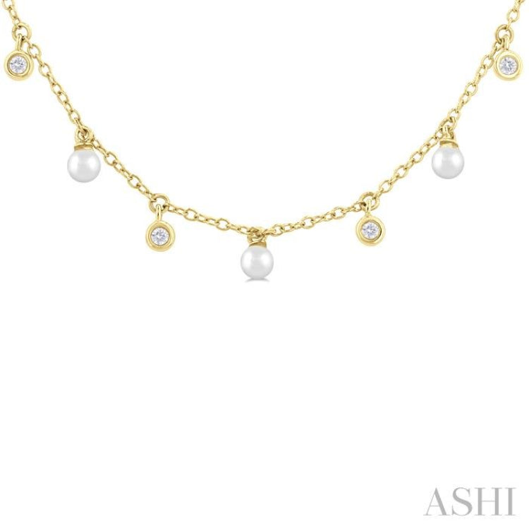 3 MM Round Shape Cultured Pearl and 1/6 Ctw Round Cut Diamond Station Necklace in 14K Yellow Gold 3 MM Round Shape Cultured Pearl and 1/6 Ctw Round Cut Diamond Station Necklace in 14K Yellow Gold