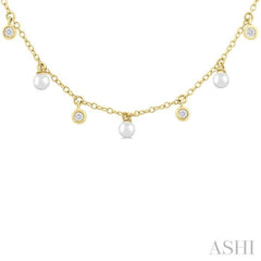 3 MM Round Shape Cultured Pearl and 1/6 Ctw Round Cut Diamond Station Necklace in 14K Yellow Gold 3 MM Round Shape Cultured Pearl and 1/6 Ctw Round Cut Diamond Station Necklace in 14K Yellow Gold