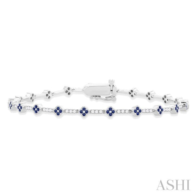 1 MM Round Shape Sapphire and 1/2 Ctw Clover Leaf & Bar Link Round Cut Diamond Precious Bracelet in 14K White Gold 1 MM Round Shape Sapphire and 1/2 Ctw Clover Leaf & Bar Link Round Cut Diamond Precious Bracelet in 14K White Gold