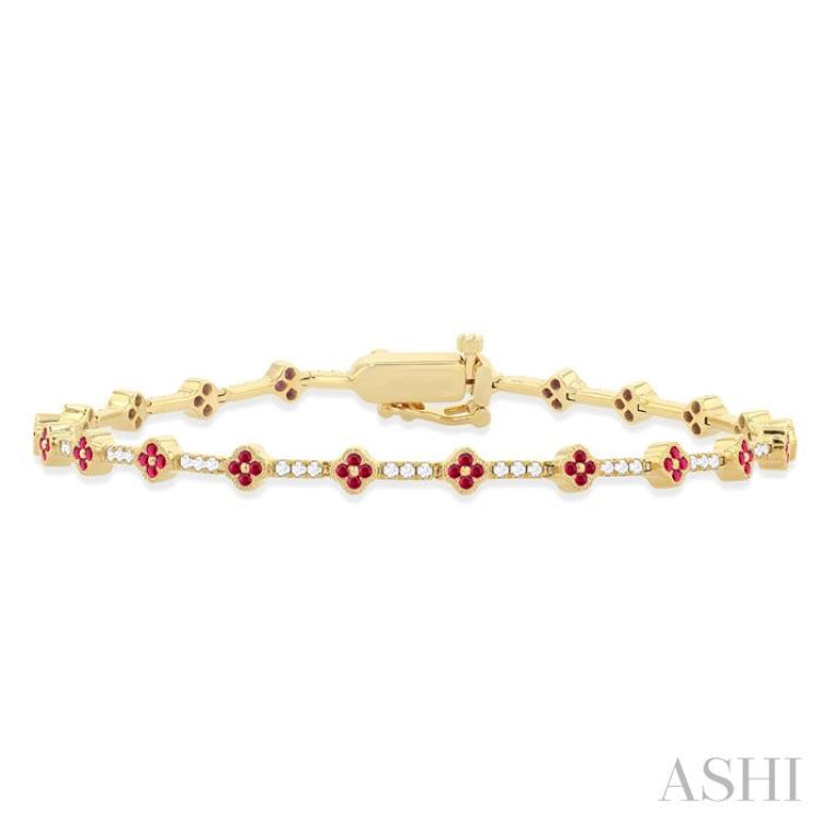 1 MM Round Shape Ruby and 1/2 Ctw Clover Leaf & Bar Link Round Cut Diamond Precious Bracelet in 14K Yellow Gold 1 MM Round Shape Ruby and 1/2 Ctw Clover Leaf & Bar Link Round Cut Diamond Precious Bracelet in 14K Yellow Gold