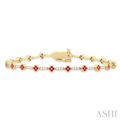 1 MM Round Shape Ruby and 1/2 Ctw Clover Leaf & Bar Link Round Cut Diamond Precious Bracelet in 14K Yellow Gold 1 MM Round Shape Ruby and 1/2 Ctw Clover Leaf & Bar Link Round Cut Diamond Precious Bracelet in 14K Yellow Gold