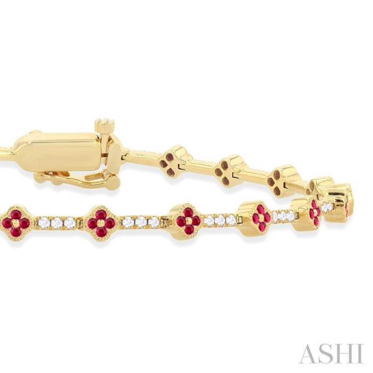 1 MM Round Shape Ruby and 1/2 Ctw Clover Leaf & Bar Link Round Cut Diamond Precious Bracelet in 14K Yellow Gold 1 MM Round Shape Ruby and 1/2 Ctw Clover Leaf & Bar Link Round Cut Diamond Precious Bracelet in 14K Yellow Gold