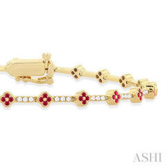1 MM Round Shape Ruby and 1/2 Ctw Clover Leaf & Bar Link Round Cut Diamond Precious Bracelet in 14K Yellow Gold 1 MM Round Shape Ruby and 1/2 Ctw Clover Leaf & Bar Link Round Cut Diamond Precious Bracelet in 14K Yellow Gold
