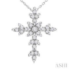 1/4 Ctw Floral Leaf Cross Round Cut Diamond Fashion Pendant With Chain in 14K White Gold 1/4 Ctw Floral Leaf Cross Round Cut Diamond Fashion Pendant With Chain in 14K White Gold