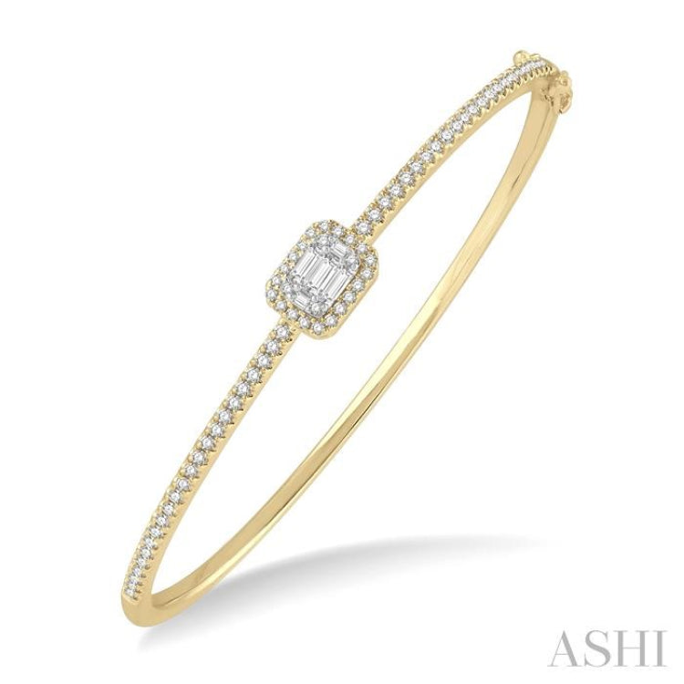 1 Ctw Emerald Shape Fusion Baguette and Round Cut Diamond Stackable Bangle in 14K Yellow and White Gold 1 Ctw Emerald Shape Fusion Baguette and Round Cut Diamond Stackable Bangle in 14K Yellow and White Gold