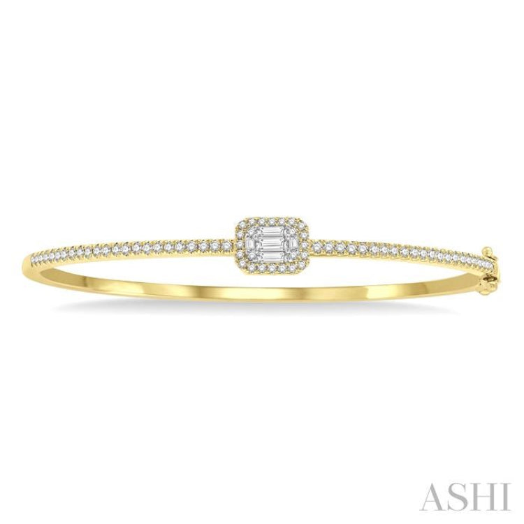 1 Ctw Emerald Shape Fusion Baguette and Round Cut Diamond Stackable Bangle in 14K Yellow and White Gold 1 Ctw Emerald Shape Fusion Baguette and Round Cut Diamond Stackable Bangle in 14K Yellow and White Gold