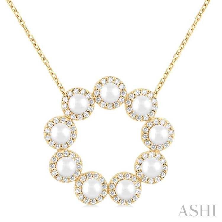 3 MM Round Shape Cultured Pearl and 1/3 Ctw Round Cut Diamond Circle Halo Pendant With Chain in 14K Yellow Gold 3 MM Round Shape Cultured Pearl and 1/3 Ctw Round Cut Diamond Circle Halo Pendant With Chain in 14K Yellow Gold