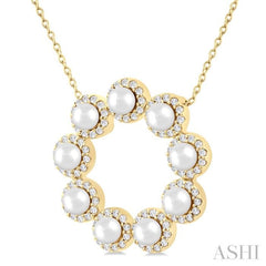 3 MM Round Shape Cultured Pearl and 1/3 Ctw Round Cut Diamond Circle Halo Pendant With Chain in 14K Yellow Gold 3 MM Round Shape Cultured Pearl and 1/3 Ctw Round Cut Diamond Circle Halo Pendant With Chain in 14K Yellow Gold