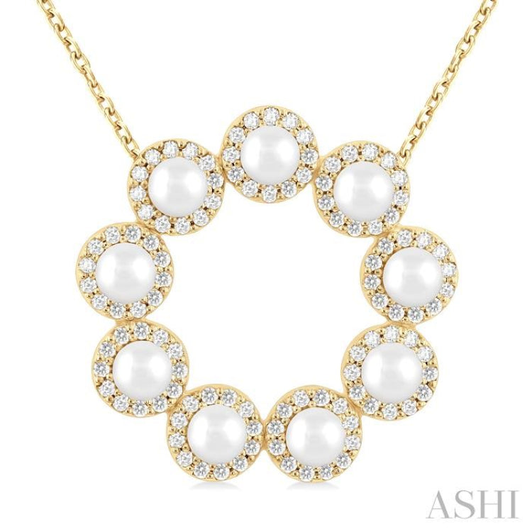 3 MM Round Shape Cultured Pearl and 1/3 Ctw Round Cut Diamond Circle Halo Pendant With Chain in 14K Yellow Gold 3 MM Round Shape Cultured Pearl and 1/3 Ctw Round Cut Diamond Circle Halo Pendant With Chain in 14K Yellow Gold