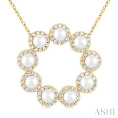 3 MM Round Shape Cultured Pearl and 1/3 Ctw Round Cut Diamond Circle Halo Pendant With Chain in 14K Yellow Gold 3 MM Round Shape Cultured Pearl and 1/3 Ctw Round Cut Diamond Circle Halo Pendant With Chain in 14K Yellow Gold