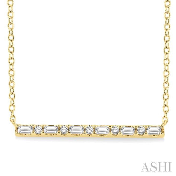 1/6 Ctw Baguette and Round Cut Diamond Petite Bar Necklace in 10K Yellow Gold 1/6 Ctw Baguette and Round Cut Diamond Petite Bar Necklace in 10K Yellow Gold