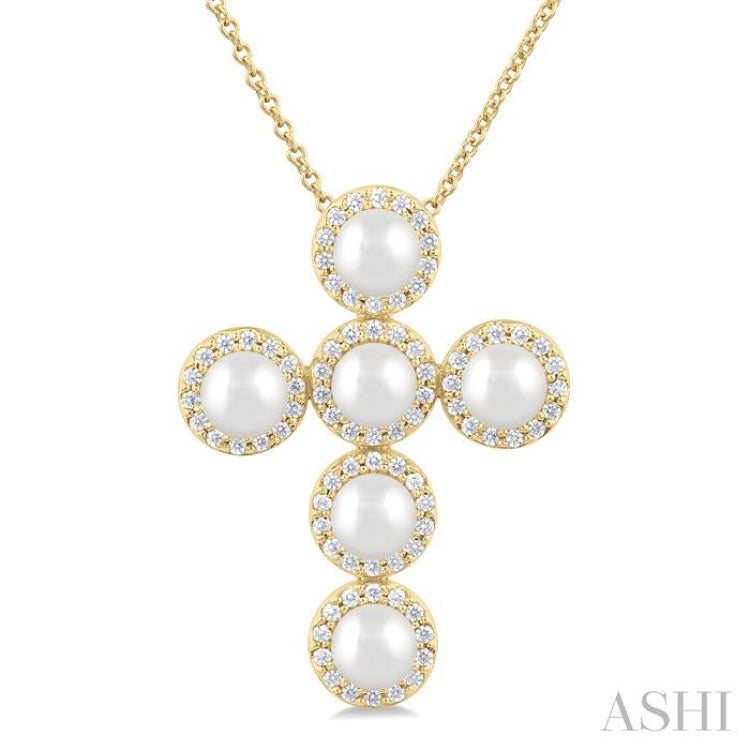 4 MM Cross Cultured Pearl and 1/3 Ctw Round Cut Diamond Fashion Pendant With Chain in 14K Yellow Gold 4 MM Cross Cultured Pearl and 1/3 Ctw Round Cut Diamond Fashion Pendant With Chain in 14K Yellow Gold