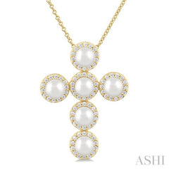 4 MM Cross Cultured Pearl and 1/3 Ctw Round Cut Diamond Fashion Pendant With Chain in 14K Yellow Gold 4 MM Cross Cultured Pearl and 1/3 Ctw Round Cut Diamond Fashion Pendant With Chain in 14K Yellow Gold