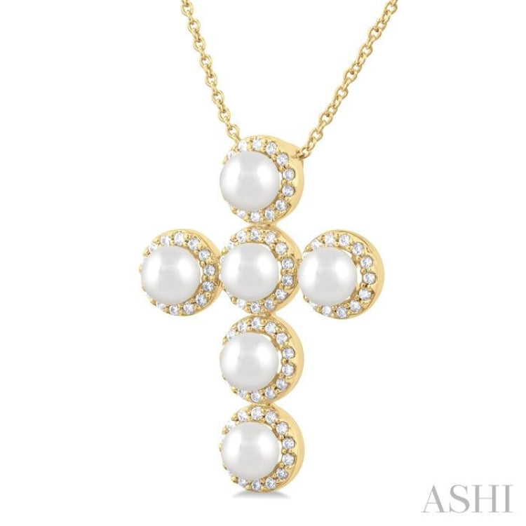 4 MM Cross Cultured Pearl and 1/3 Ctw Round Cut Diamond Fashion Pendant With Chain in 14K Yellow Gold 4 MM Cross Cultured Pearl and 1/3 Ctw Round Cut Diamond Fashion Pendant With Chain in 14K Yellow Gold