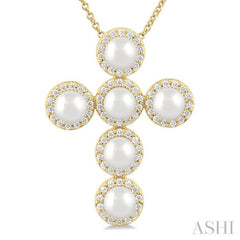 4 MM Cross Cultured Pearl and 1/3 Ctw Round Cut Diamond Fashion Pendant With Chain in 14K Yellow Gold 4 MM Cross Cultured Pearl and 1/3 Ctw Round Cut Diamond Fashion Pendant With Chain in 14K Yellow Gold