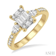 3/4 ctw Emerald Shape Baguette, Pear and Round Cut Diamond Fusion Engagement Ring in 14K Yellow and White Gold 3/4 ctw Emerald Shape Baguette, Pear and Round Cut Diamond Fusion Engagement Ring in 14K Yellow and White Gold