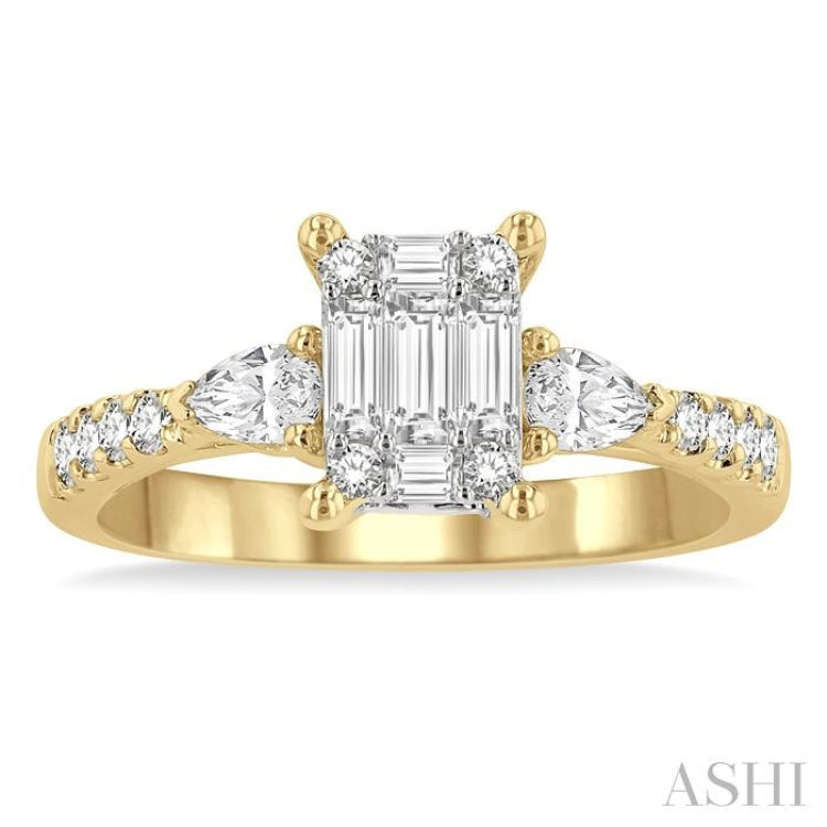3/4 ctw Emerald Shape Baguette, Pear and Round Cut Diamond Fusion Engagement Ring in 14K Yellow and White Gold 3/4 ctw Emerald Shape Baguette, Pear and Round Cut Diamond Fusion Engagement Ring in 14K Yellow and White Gold