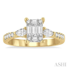 3/4 ctw Emerald Shape Baguette, Pear and Round Cut Diamond Fusion Engagement Ring in 14K Yellow and White Gold 3/4 ctw Emerald Shape Baguette, Pear and Round Cut Diamond Fusion Engagement Ring in 14K Yellow and White Gold