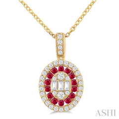 1.25 MM Oval Shape Ruby and 1/4 Ctw Baguette and Round Cut Diamond Precious Pendant With Chain in 14K Yellow Gold 1.25 MM Oval Shape Ruby and 1/4 Ctw Baguette and Round Cut Diamond Precious Pendant With Chain in 14K Yellow Gold