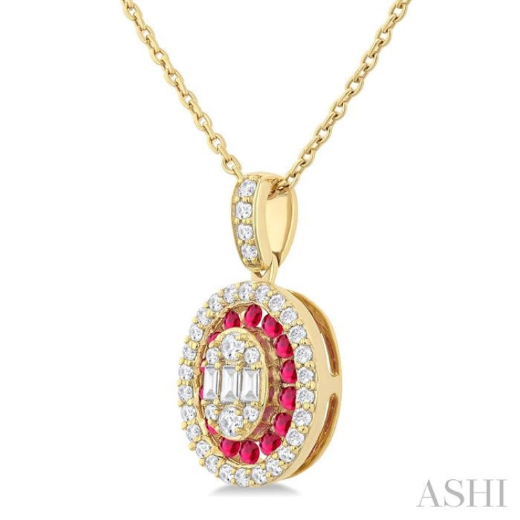 1.25 MM Oval Shape Ruby and 1/4 Ctw Baguette and Round Cut Diamond Precious Pendant With Chain in 14K Yellow Gold 1.25 MM Oval Shape Ruby and 1/4 Ctw Baguette and Round Cut Diamond Precious Pendant With Chain in 14K Yellow Gold
