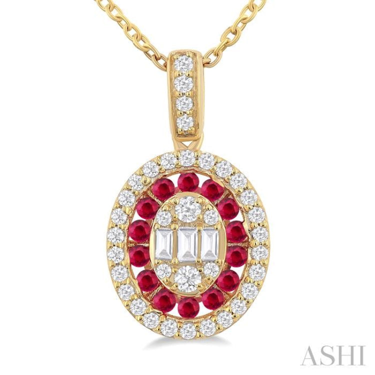 1.25 MM Oval Shape Ruby and 1/4 Ctw Baguette and Round Cut Diamond Precious Pendant With Chain in 14K Yellow Gold 1.25 MM Oval Shape Ruby and 1/4 Ctw Baguette and Round Cut Diamond Precious Pendant With Chain in 14K Yellow Gold