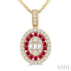 1.25 MM Oval Shape Ruby and 1/4 Ctw Baguette and Round Cut Diamond Precious Pendant With Chain in 14K Yellow Gold 1.25 MM Oval Shape Ruby and 1/4 Ctw Baguette and Round Cut Diamond Precious Pendant With Chain in 14K Yellow Gold