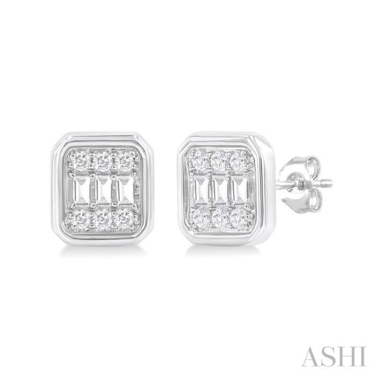 1/5 Ctw Petite Bezel Set Emerald Shape Fusion Baguette and Round Cut Diamond Fashion Stud Earring in 10K White Gold 1/5 Ctw Petite Bezel Set Emerald Shape Fusion Baguette and Round Cut Diamond Fashion Stud Earring in 10K White Gold